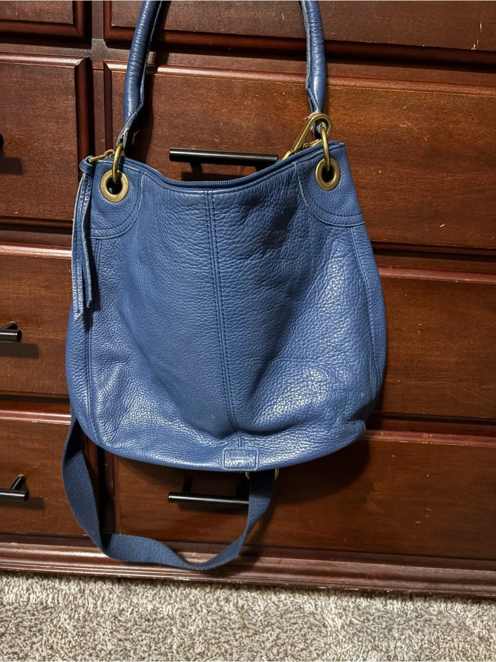 Fossil Blue Pebbled Leather Hobo with Front Zips